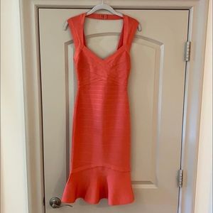NWT Authentic Herve Leger bandage dress - sweetheart flare in deep sea coral.